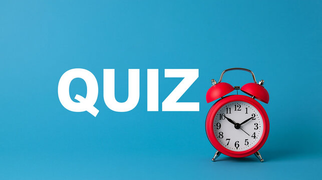 A red alarm clock beside the word quiz on a blue background. Perfect for education and time management concepts.