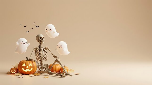 A festive halloween background featuring a small skeleton holding pumpkins surrounded by cute ghost balloons on a light beige studio backdrop