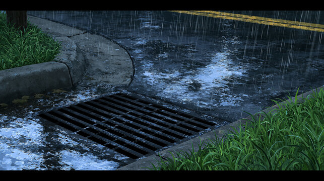 Heavy rain falling on a street storm drain and curb. Urban weather concept.