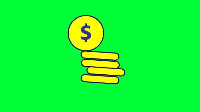 A 2D flat vector icon animation set against a solid bright green chroma key background depicting a stack of yellow coins with a dollar sign coin resting on top.