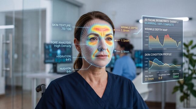 Facial analysis technology biometric scan digital interface skin texture wrinkle depth hydration pore analysis futuristic healthcare woman medical clinic data visualization emotionless