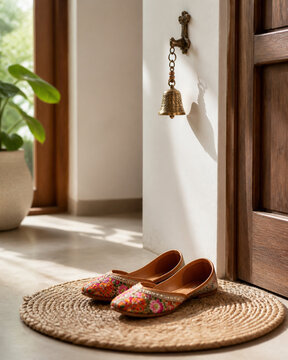 Colorful embroidered jutti shoes on jute mat with brass bell, entryway decor concept