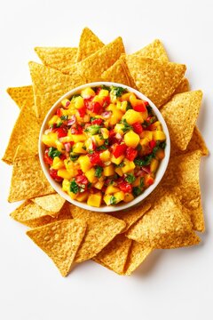 Fresh mango salsa bowl centered among corn tortilla chips on a white studio surface in a vibrant overhead shot for culinary marketing