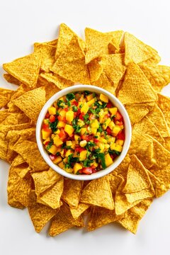 Crispy corn tortilla chips encircling a vibrant bowl of fresh mango fruit salsa on a white studio background for mexican food catering advertising