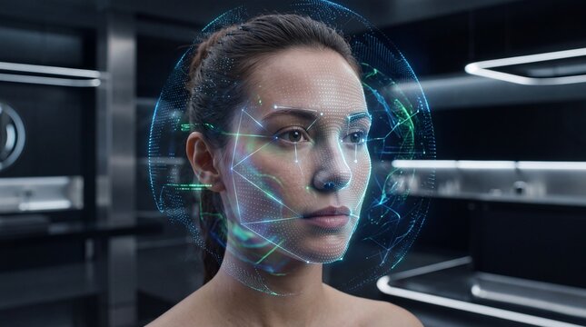 Digital face scan artificial intelligence biometric identification futuristic technology woman hologram security data analysis innovation modern laboratory emotionless expression