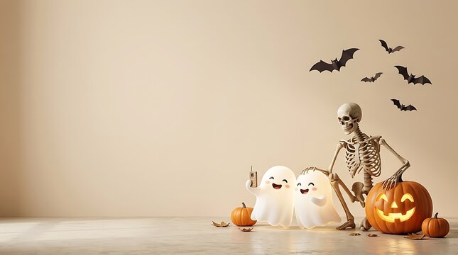A festive halloween background featuring a spooky skeleton sitting next to a carved pumpkin and small white ghosts with flying bats