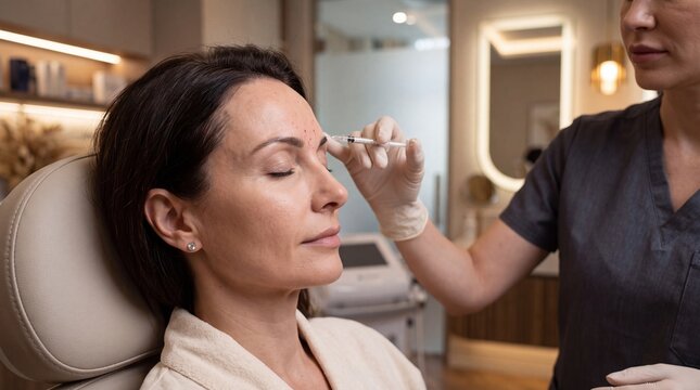 Middle aged woman receiving botox injection in forehead at modern clinic, relaxing with eyes closed, professional nurse wearing gloves performing cosmetic procedure
