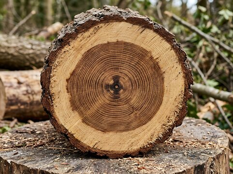 Cross section of a tree trunk showing growth rings.