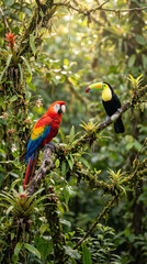 Obraz premium Colorful tropical birds perched among vibrant rainforest branches with soft morning light, exotic wildlife, rich biodiversity, sharp detail