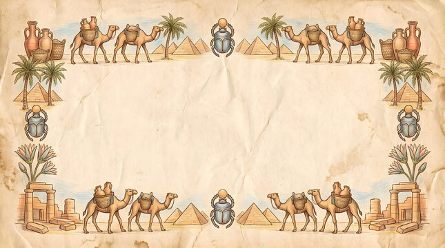 Ancient Egyptian Themed Decorative Frame with Pyramids Camels and Scarabs