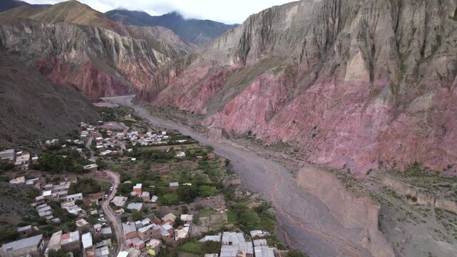 4K drone aerial view of Iruya, Salta, Argentina. A remote Andean village surrounded by dramatic mountains, deep valleys and winding roads in one of the most spectacular landscapes of northern Argentin
