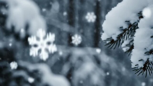 Single snowflake falling in a snowy winter forest