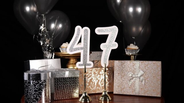 Silver Number 47 with Silver Glitter Sparkles with Gifts and Balloons and Cupcakes for Party Forty Seven