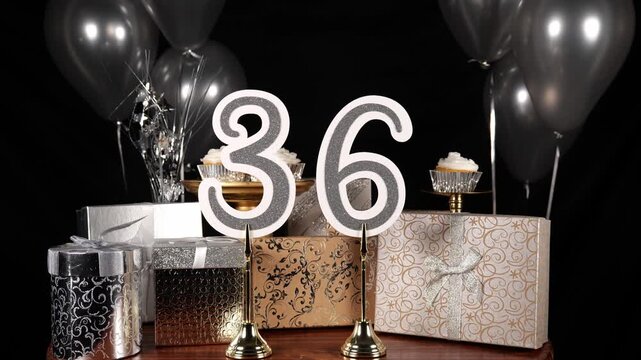 Silver Number 36 with Silver Glitter Sparkles with Gifts and Balloons and Cupcakes for Party Thirty Six