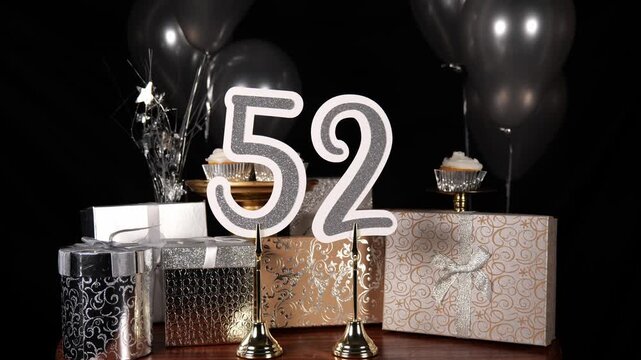 Silver Number 52 with Silver Glitter Sparkles with Gifts and Balloons and Cupcakes for Party Fifty Two