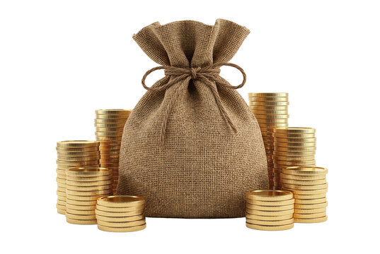 Tied burlap money sack surrounded by stacks of gold coins