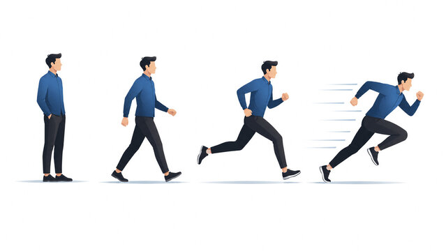 Silhouette sequence of a man standing walking jogging and running fast.