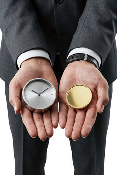 Businessman holding silver clock and gold coin