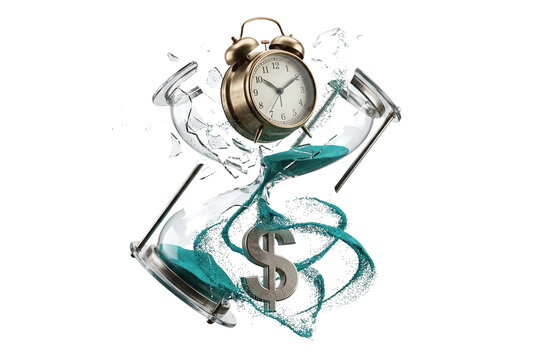 Shattered hourglass with floating clock and dollar sign in sand