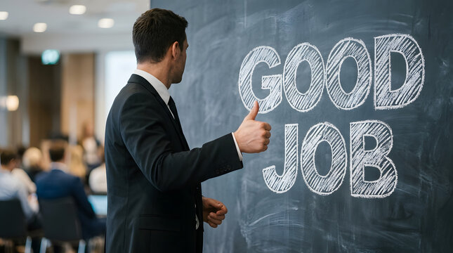 Professional giving thumbs up next to chalkboard message good job in conference room with professional individual formal beside chalkboard with formal suit pointing