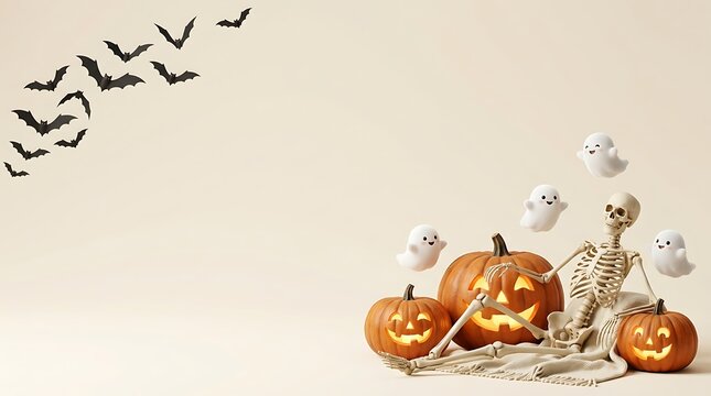 A festive halloween background featuring glowing jack o lanterns a small skeleton figure and flying paper bats on beige backdrop