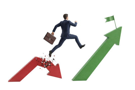 Businessman jumping from broken red to growing green arrow