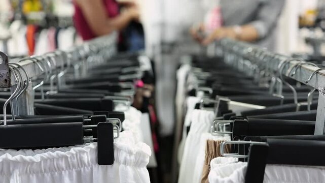 Clothing racks with hangers and garments at market stall in Nha Trang, Vietnam. Close up view of apparel display with shoppers in background at local retail clothing store or Asian shopping center.