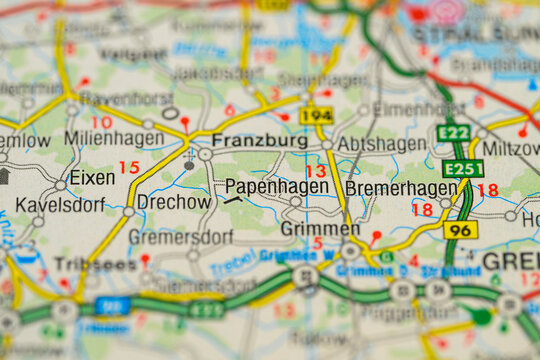 Macro road map showing Franzburg Papenhagen and Grimmen region.