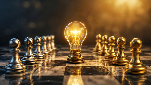 Glowing light bulb on chessboard between chess pawns representing business strategy and idea innovation.