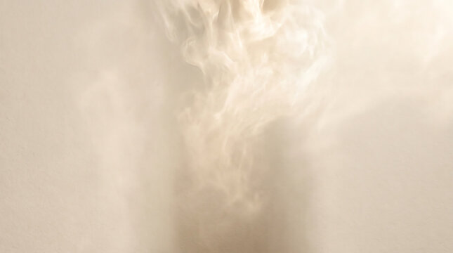 Ethereal white smoke swirls on beige background, soft misty vapor texture, abstract steam clouds for cinematic overlay