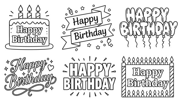 Happy birthday lettering collection black and white vector illustration celebration greeting festive ornament design graphic monochrome handwritten calligraphy typography text font decorative party ev