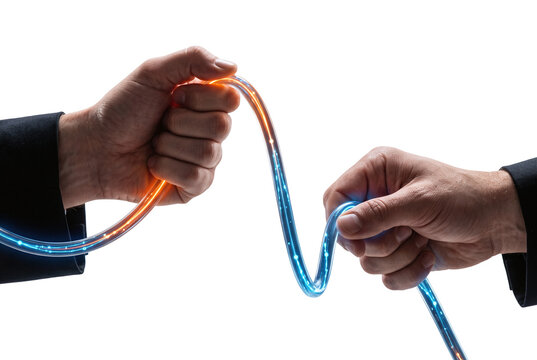 Two business hands pulling and stretching a glowing fiber optic cable