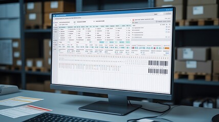 Obraz premium Close up of desktop monitor displaying warehouse inventory dashboard, tracking stock levels, barcodes, product records for logistics management, retail operations, supply chain marketing 