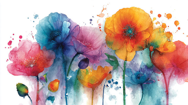 vibrant watercolor flowers with paint splashes and organic pigment flow, artistic white background