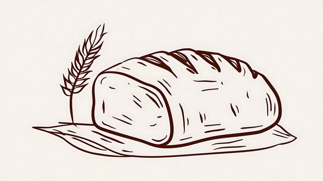 Hand drawn line art illustration of a loaf of bread with wheat