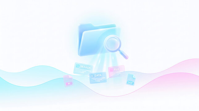 Futuristic digital folder icon with magnifying glass. 3D data search and file management concept. Abstract blue storage interface.