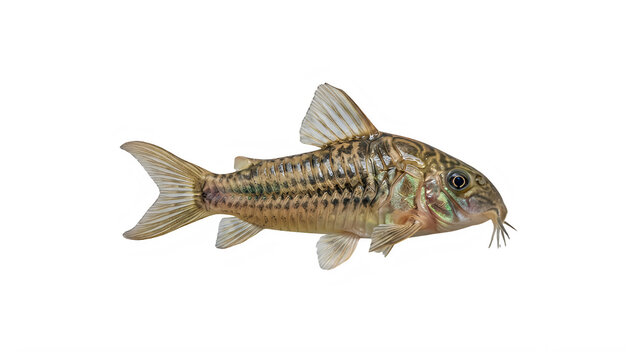 Corydoras catfish aquarium fish, realistic freshwater armored catfish illustration with iridescent scales isolated on transparent background for aquatic pet design