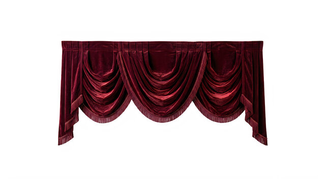 Red velvet theater stage curtain valance, luxurious opera drapes with decorative fringe isolated on transparent background for event performance background
