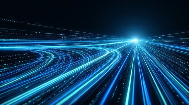 Futuristic blue light trails, high speed fiber optic data transmission, digital motion blur background for technology concepts