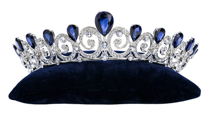 Silver tiara with blue teardrop and round crystals on velvet cushion © Maria