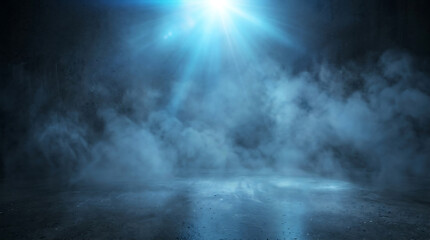 Fototapeta premium Cinematic blue spotlight on dark stage, dramatic smoke and fog background, empty studio floor with bright lens flare