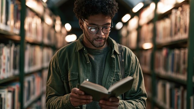 Young adult man with dark curly hair and glasses, wearing a green shirt, absorbed in reading a book in a library setting with blurred bookshelves in the background