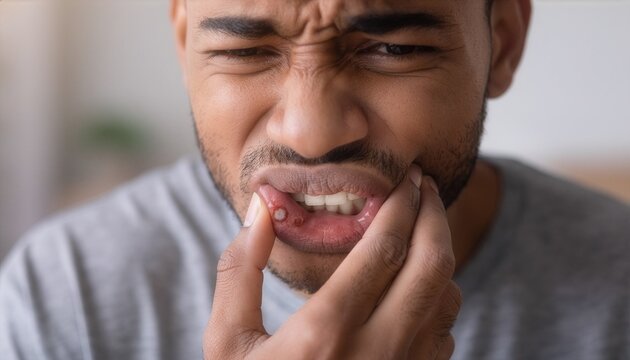 Close-up person pressing lip gently, painful reaction from mouth ulcer.