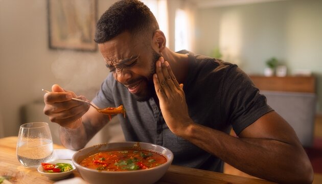 Man wincing while eating spicy food because of canker sore.