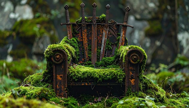 Moss-Covered Throne of Swords - A Forgotten Relic in the Forest.