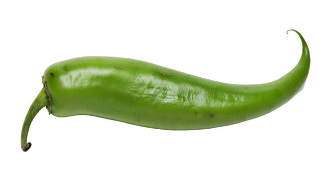 Curved green chili pepper with stem