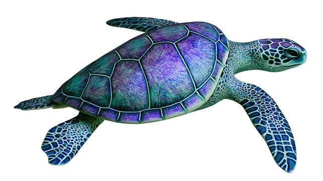 Green sea turtle with iridescent purple and teal shell