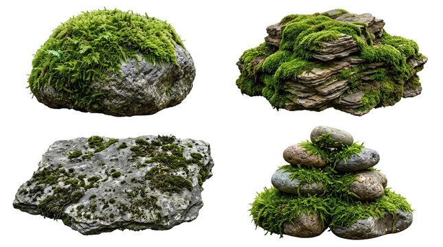 Set of four distinct rock formations including a stacked cairn and stratified stones covered in vibrant moss