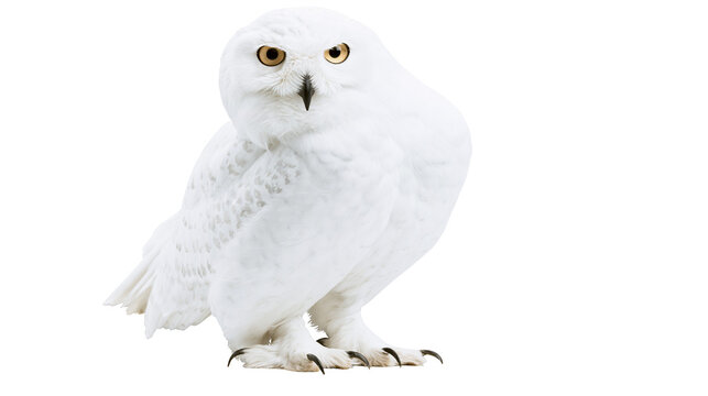 Snowy owl with bright yellow eyes and sharp claws