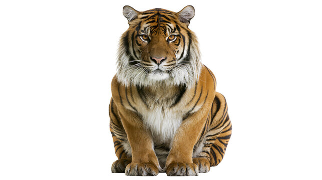 Tiger sitting front view with orange fur and black stripes